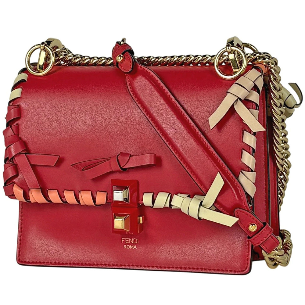 Fendi Kanai Chain Shoulder Bag Leather Red